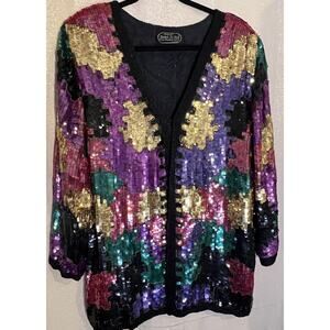 Vintage Joseph Le Bon Women's Beaded Sequin Colorful Silk Jacket Size XL EUC